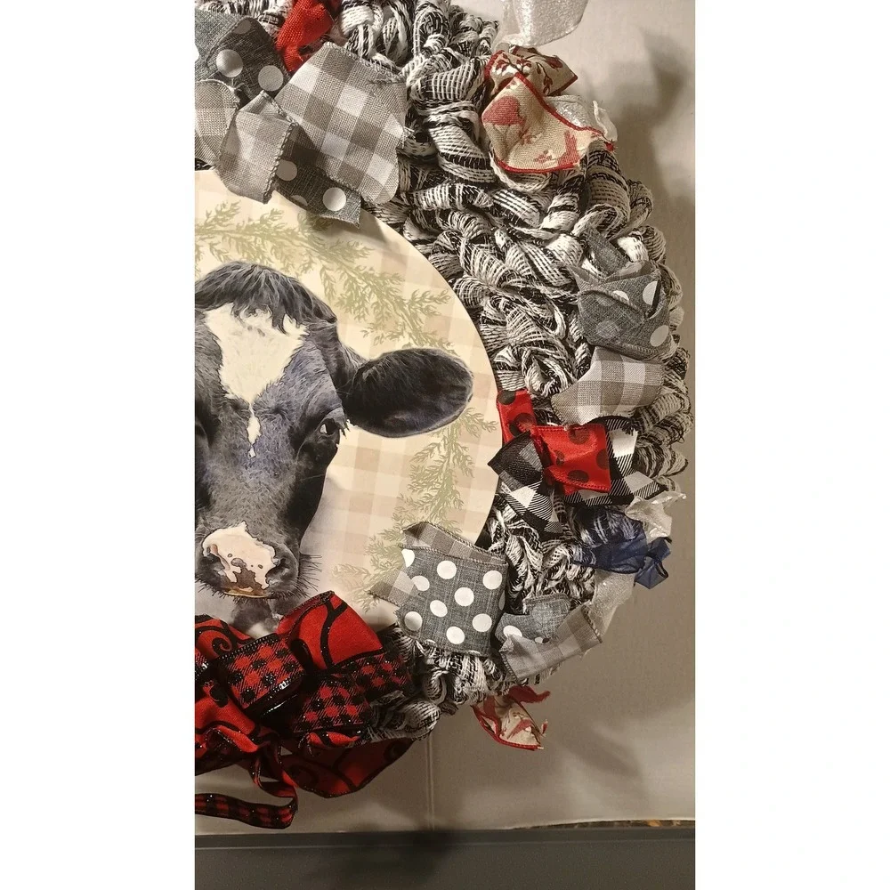 Handmade Cow Wreath Unisex Large Black White Excellent Farmhouse Plaid Mesh